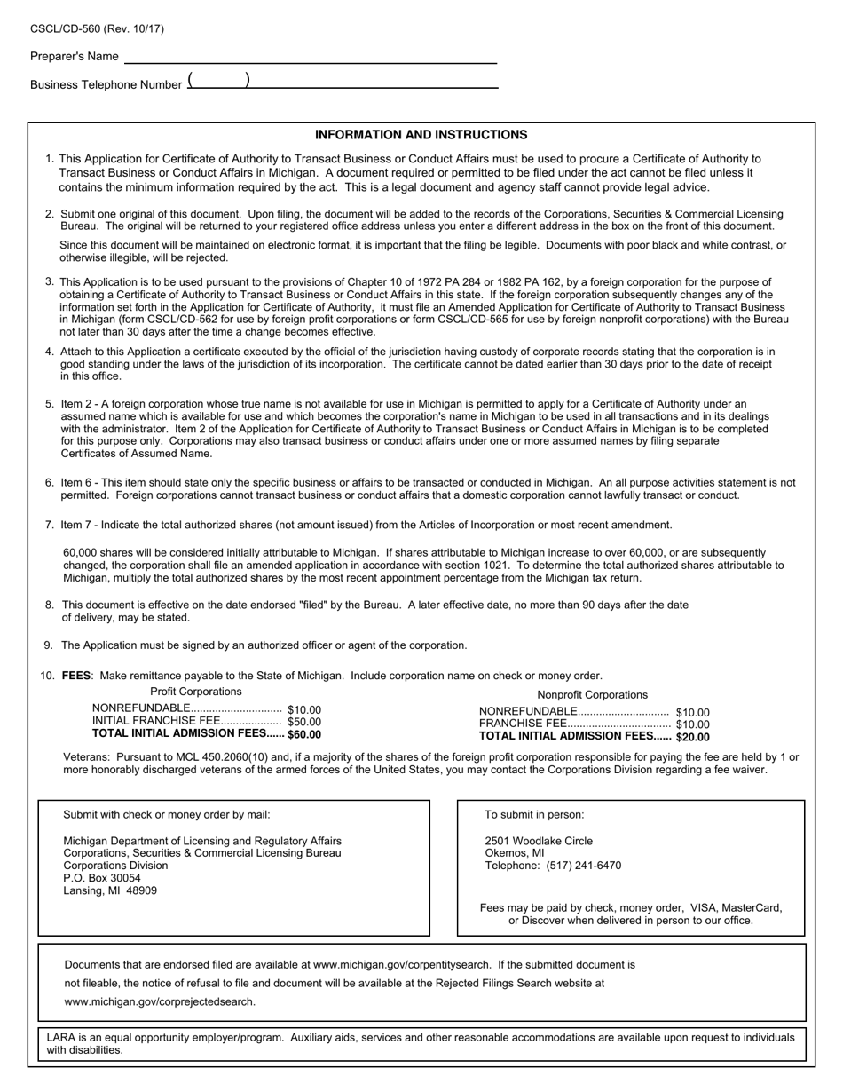 Form CSCL / CD-560 Application for Certificate of Authority to Transact Business or Conduct Affairs in Michigan for Use by Foreign Corporations - Michigan, Page 3