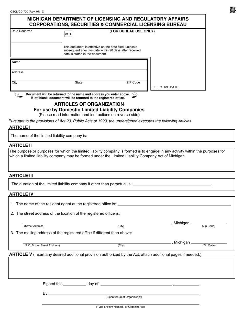 Form CSCL / CD-700 Articles of Organization for Use by Domestic Limited Liability Companies - Michigan, Page 1