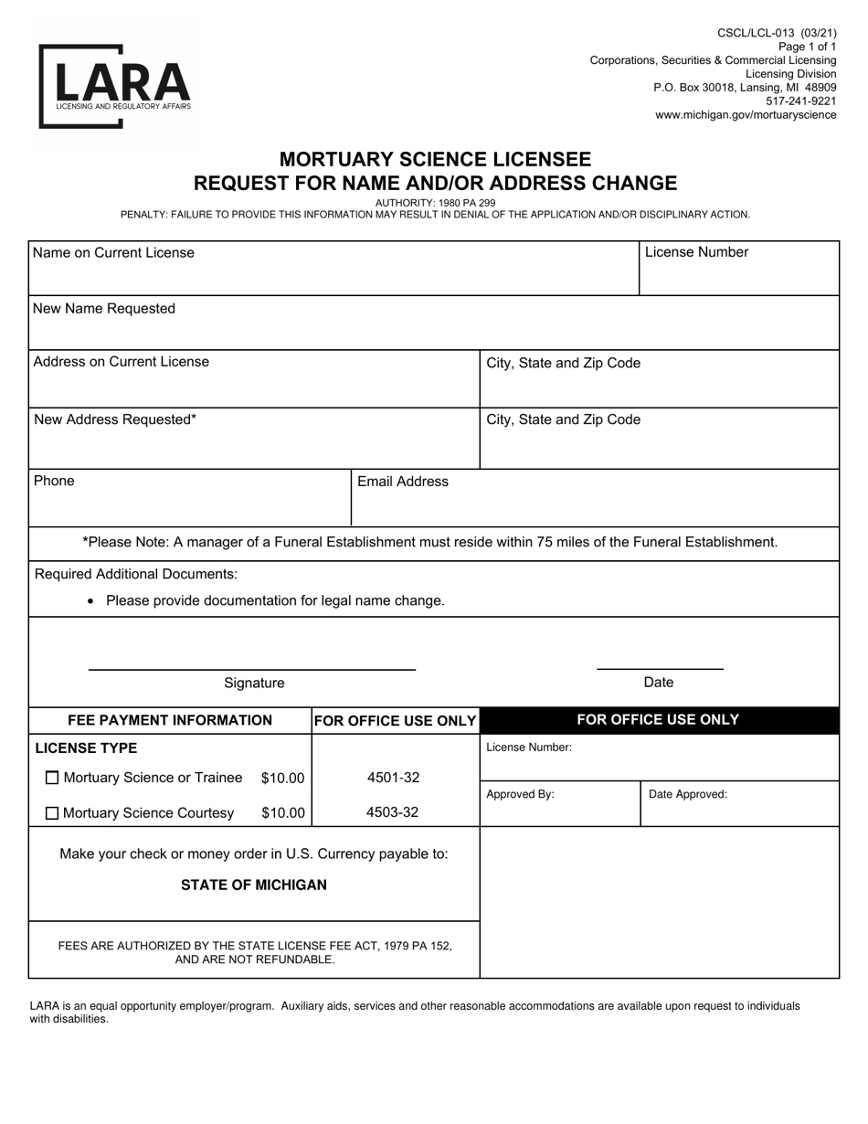 Form CSCL / LCL-013 Mortuary Science Licensee Request for Name and / or Address Change - Michigan, Page 1