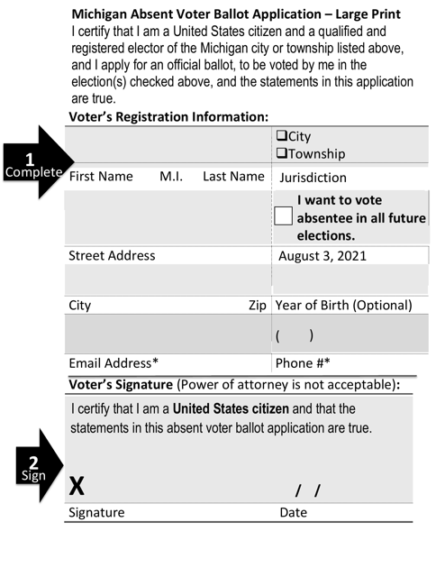 Michigan Absent Voter Ballot Application - Large Print - August 3, 2021 Election - Michigan, 2021