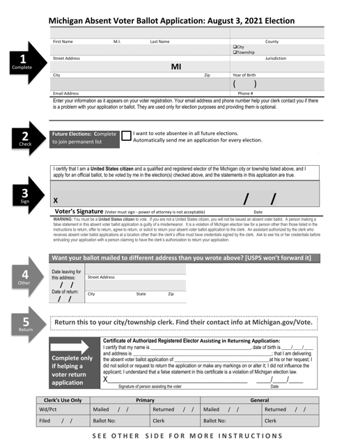 Michigan Absent Voter Ballot Application: August 3, 2021 Election - Michigan Download Pdf