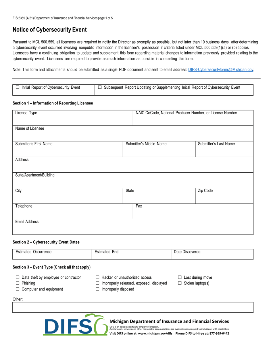 Form FIS2539 Notice of Cybersecurity Event - Michigan, Page 1