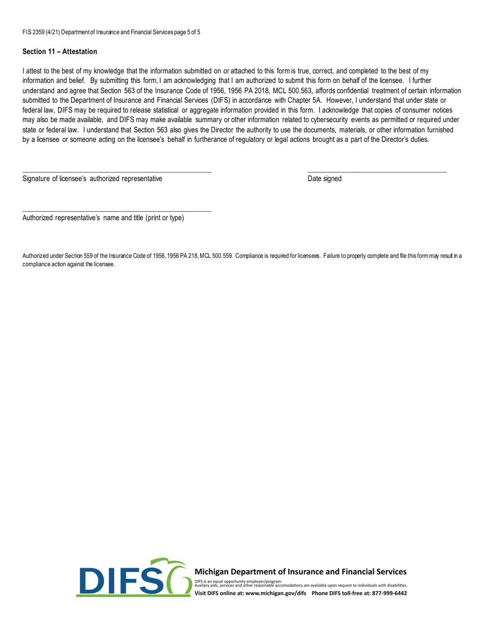 Form FIS2539 Notice of Cybersecurity Event - Michigan, Page 5