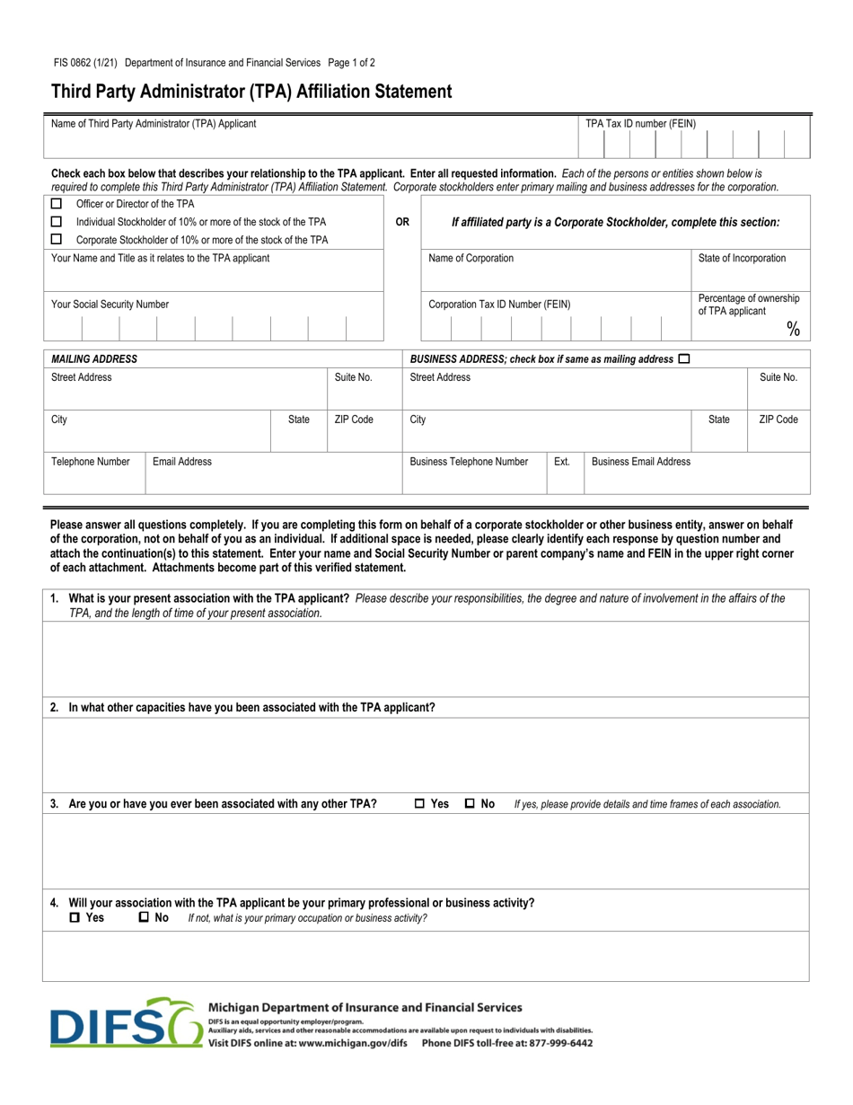 Form FIS0862 Third Party Administrator (Tpa) Affiliation Statement - Michigan, Page 1
