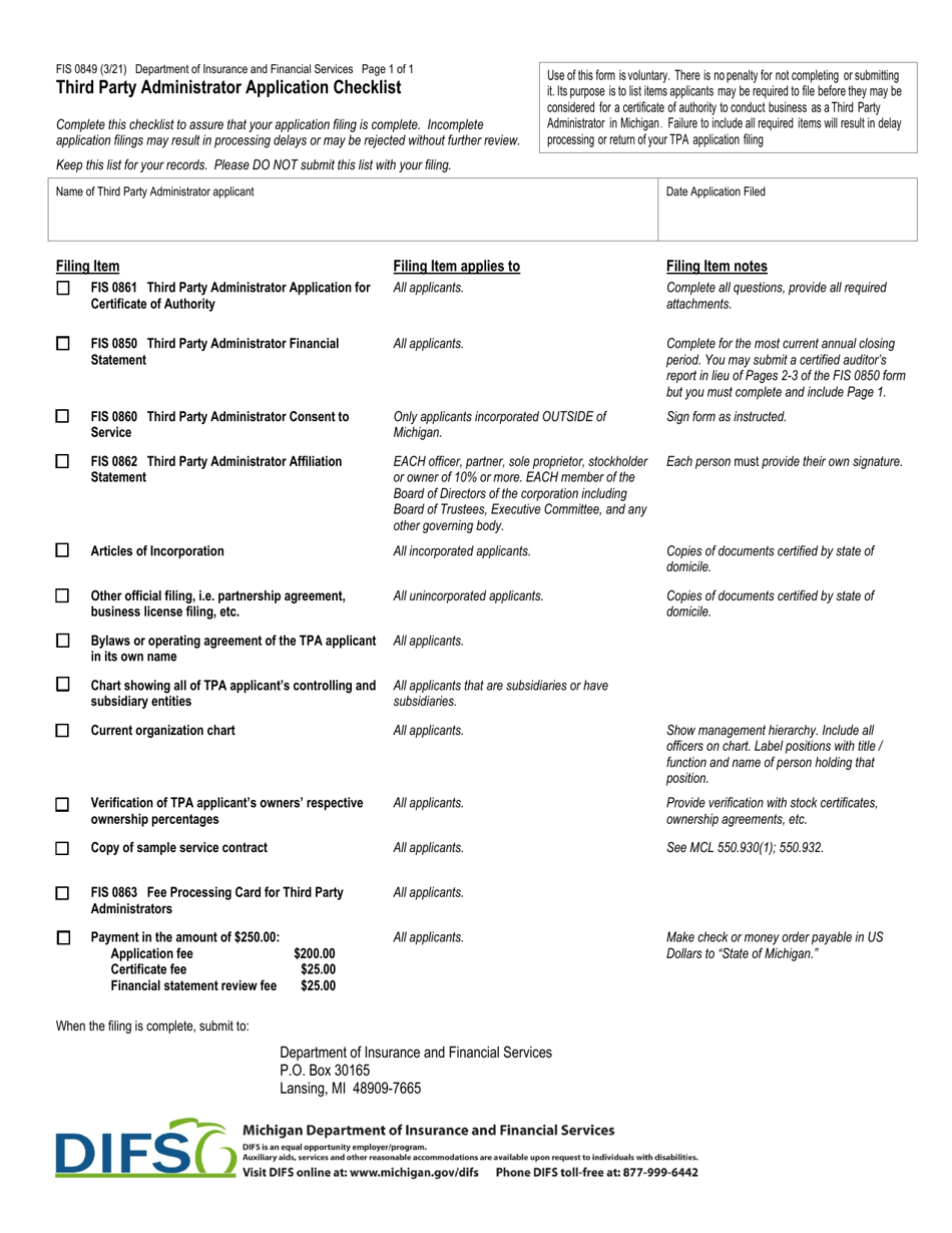 Form FIS0849 Third Party Administrator Application Checklist - Michigan, Page 1
