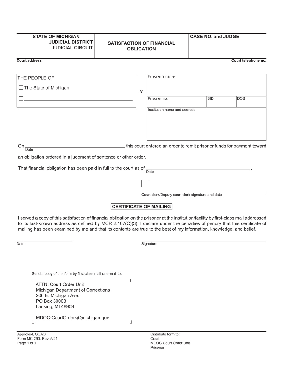 Form MC290 Satisfaction of Financial Obligation - Michigan, Page 1