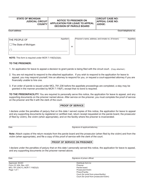 Form CC404 Notice to Prisoner on Application for Leave to Appeal Decision of Parole Board - Michigan