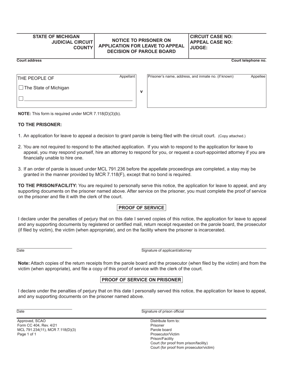 Form CC404 Notice to Prisoner on Application for Leave to Appeal Decision of Parole Board - Michigan, Page 1