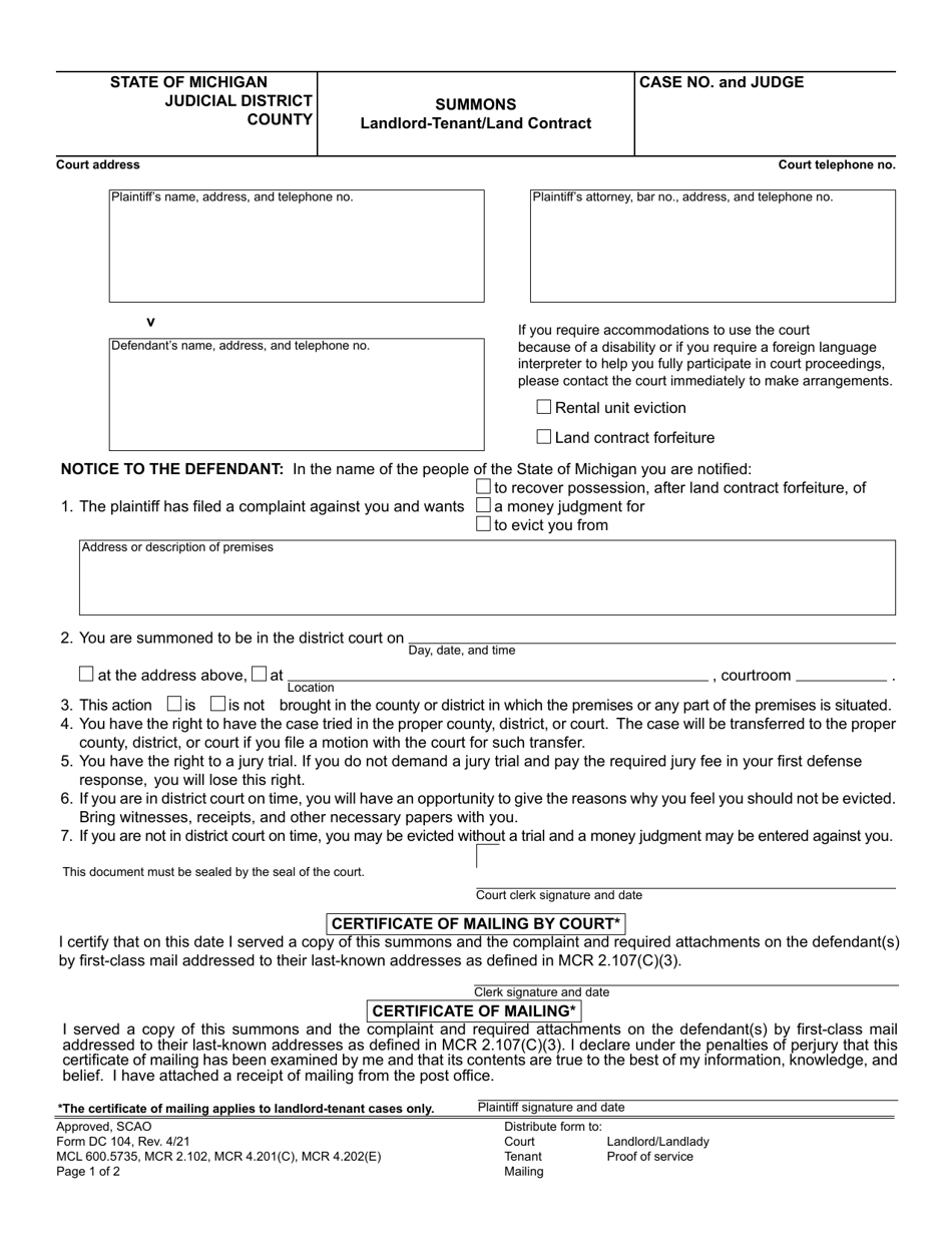 Form DC104 Summons, Landlord-Tenant/Land Contract - Michigan, Page 1