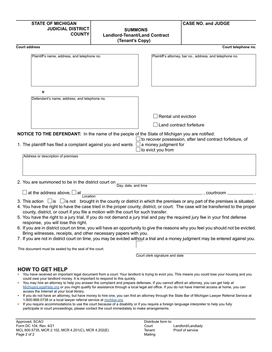 Form DC104 Summons, Landlord-Tenant / Land Contract - Michigan, Page 2