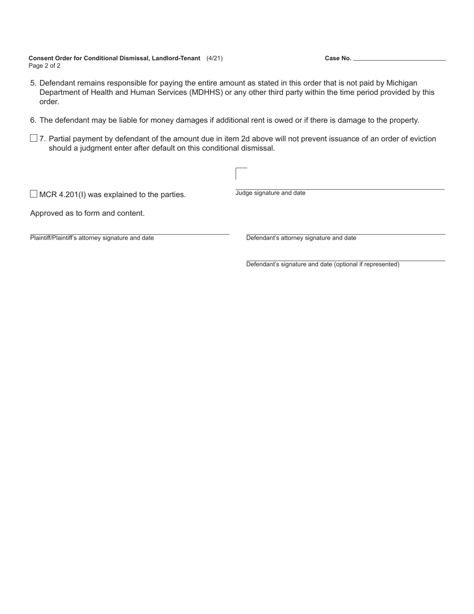 Form DC508 Consent Order for Conditional Dismissal, Landlord-Tenant - Michigan, Page 2