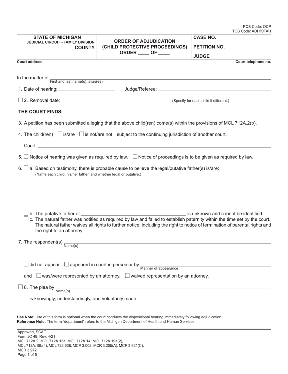 Form JC49 Order of Adjudication (Child Protective Proceedings) - Michigan, Page 1