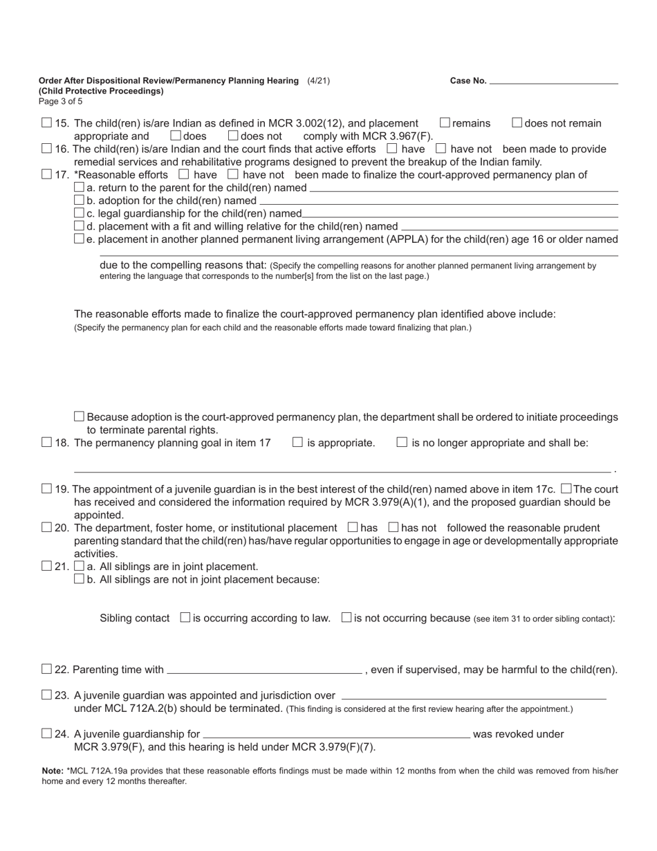 Form JC19 Order After Dispositional Review / Permanency Planning Hearing (Child Protective Proceedings) - Michigan, Page 3