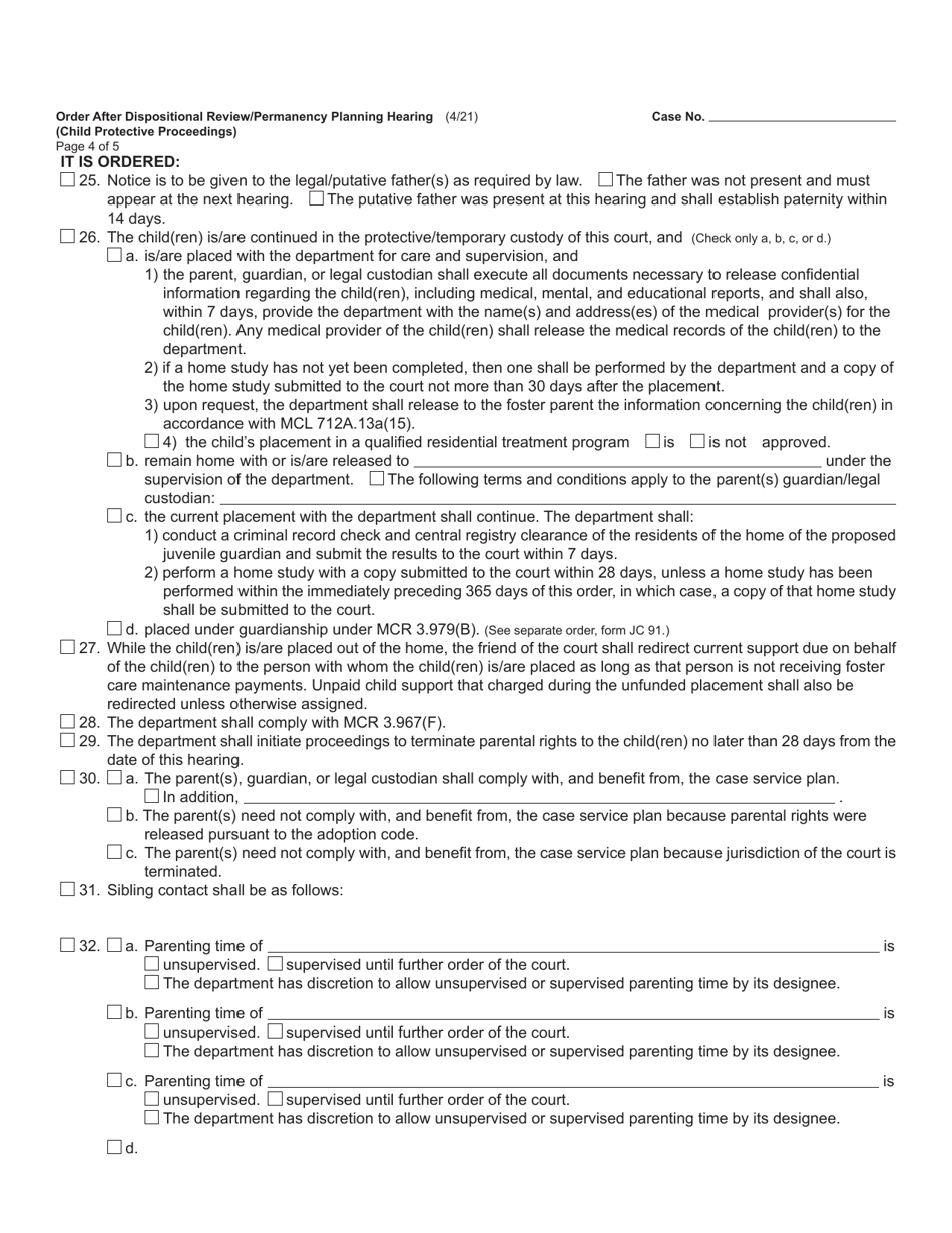 Form JC19 Order After Dispositional Review / Permanency Planning Hearing (Child Protective Proceedings) - Michigan, Page 4
