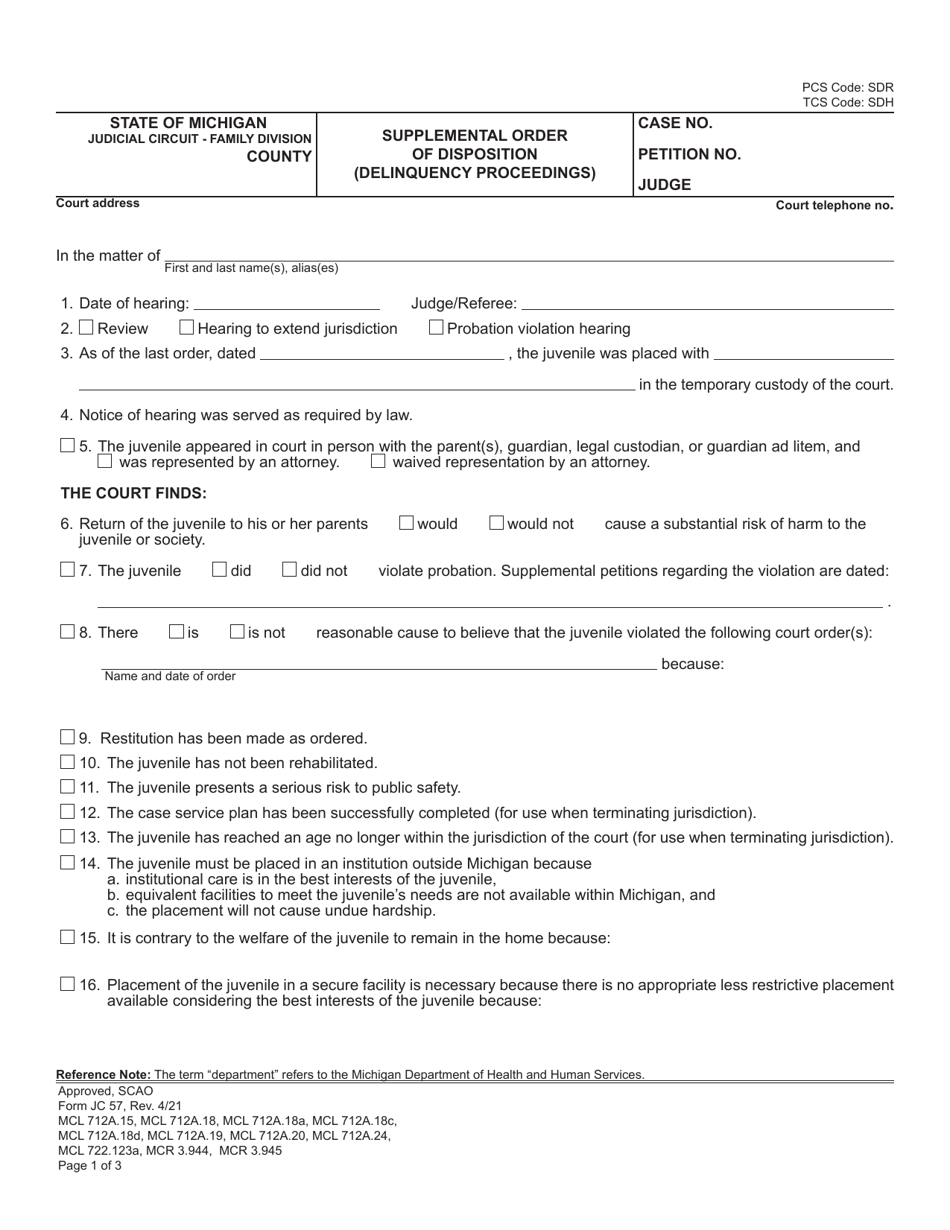 Form JC57 Supplemental Order of Disposition (Delinquency Proceedings) - Michigan, Page 1