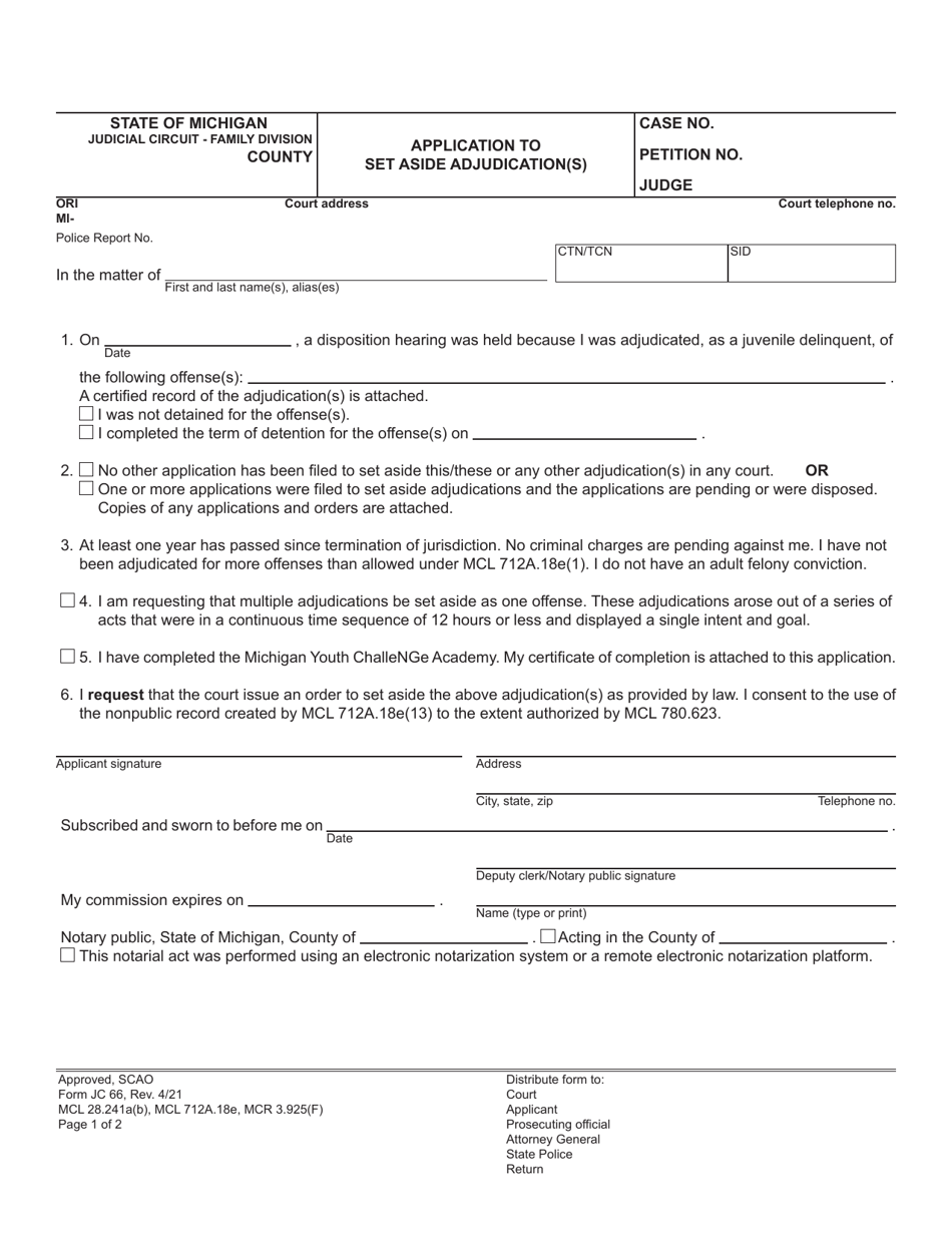 Form JC66 Application to Set Aside Adjudication(S) - Michigan, Page 1