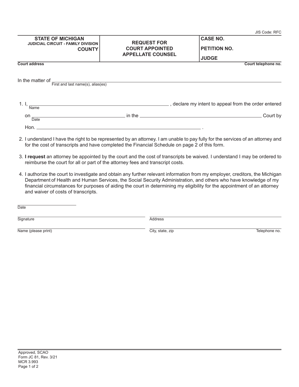 Form JC81 Request for Court Appointed Appellate Counsel - Michigan, Page 1