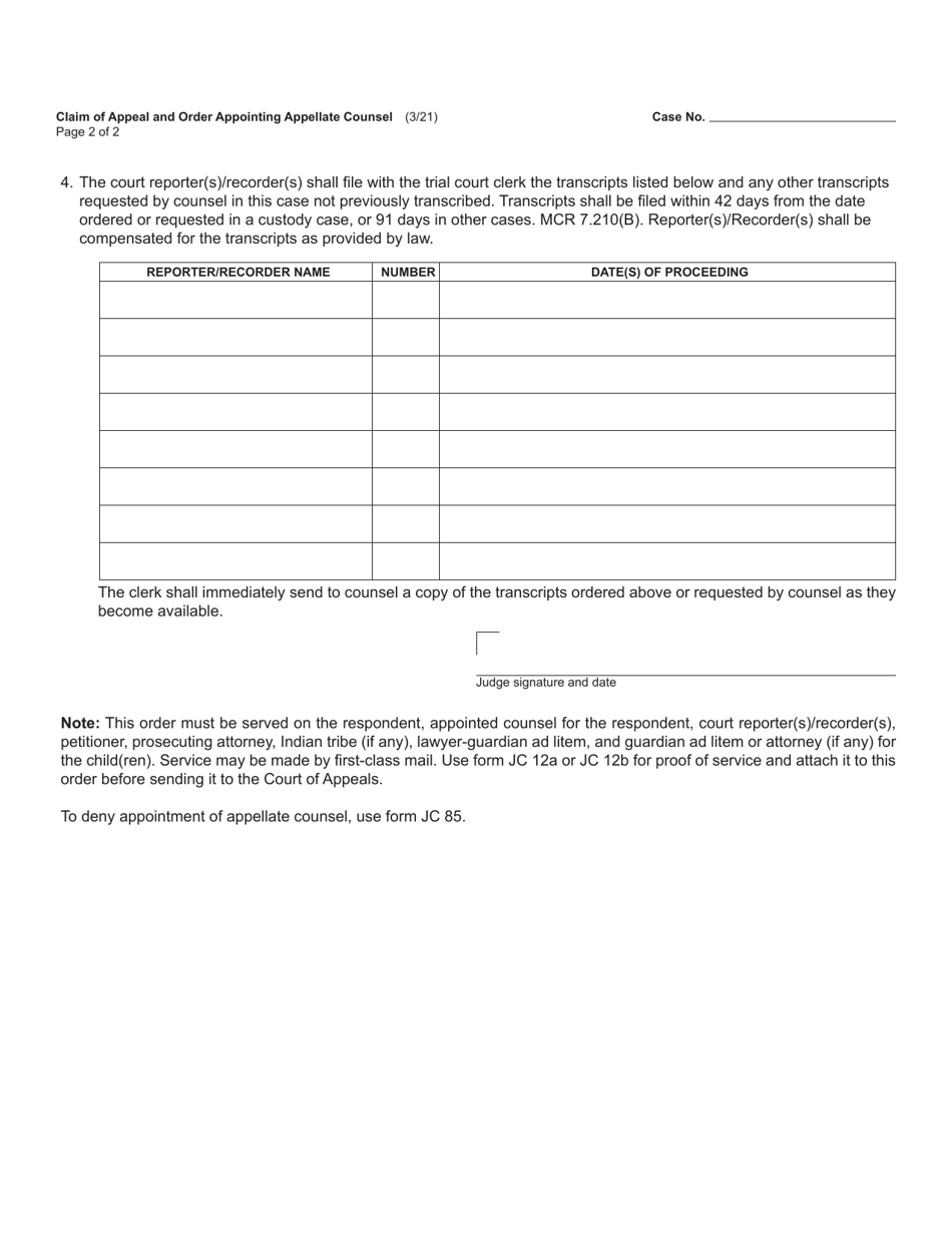 Form JC84 Claim of Appeal and Order Appointing Appellate Counsel - Michigan, Page 2