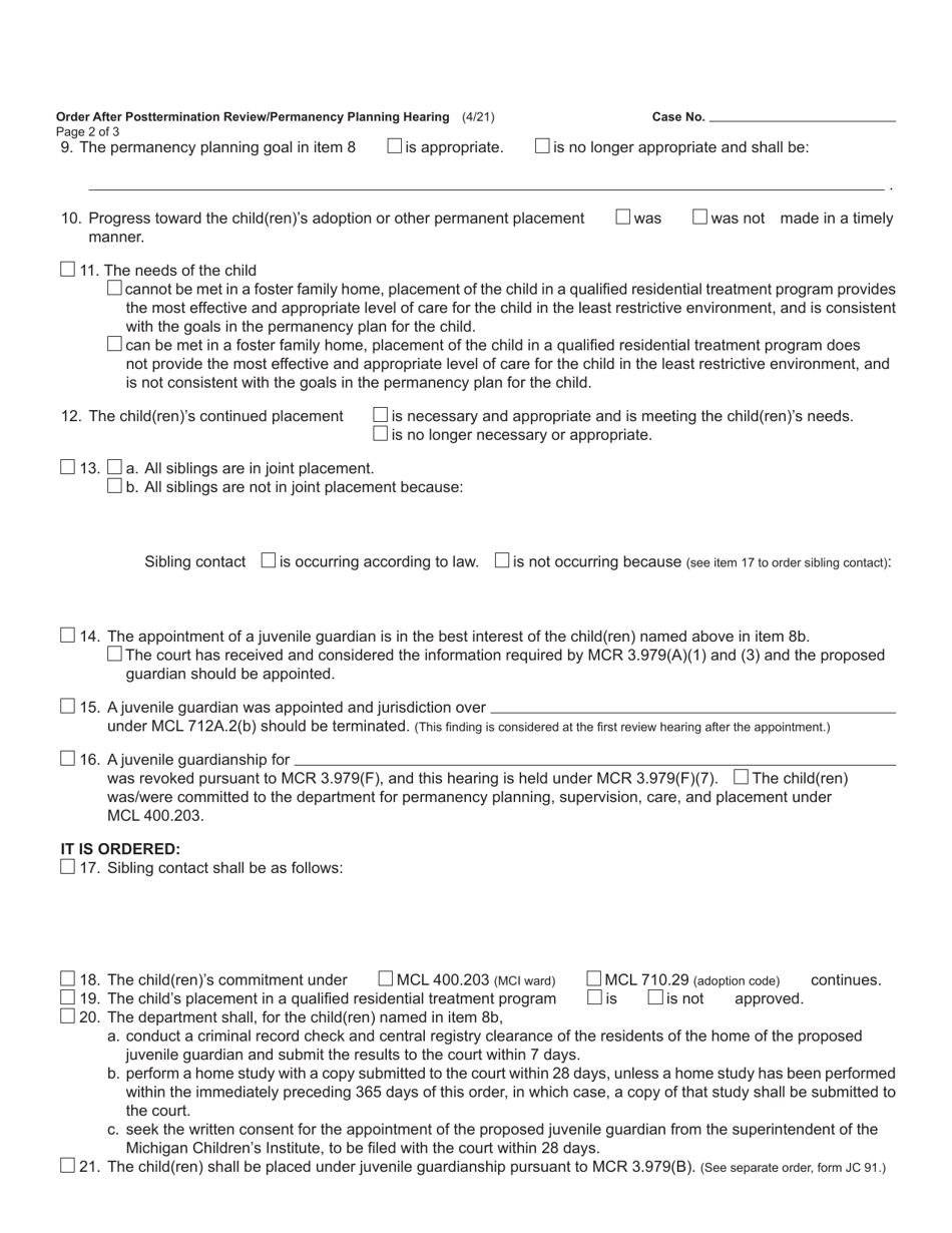 Form JC76 Order After Posttermination Review / Permanency Planning Hearing (Child Protective Proceedings) - Michigan, Page 2