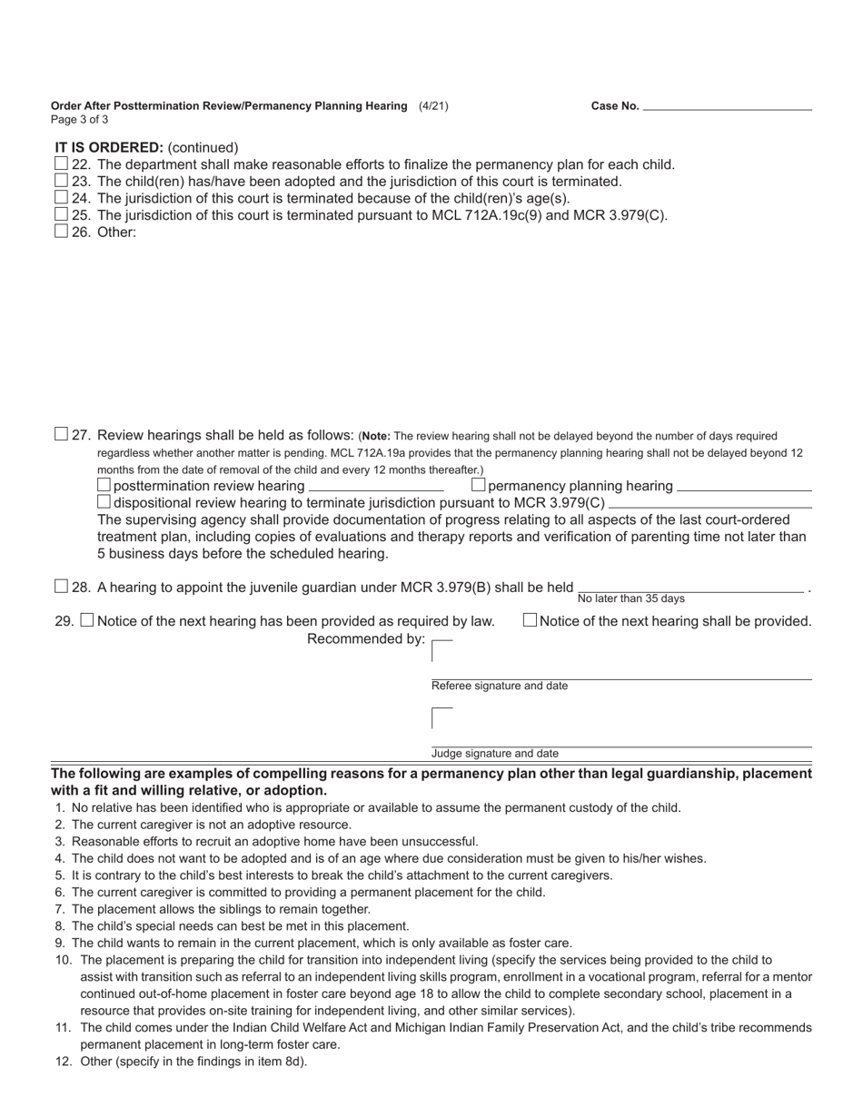 Form JC76 Order After Posttermination Review / Permanency Planning Hearing (Child Protective Proceedings) - Michigan, Page 3