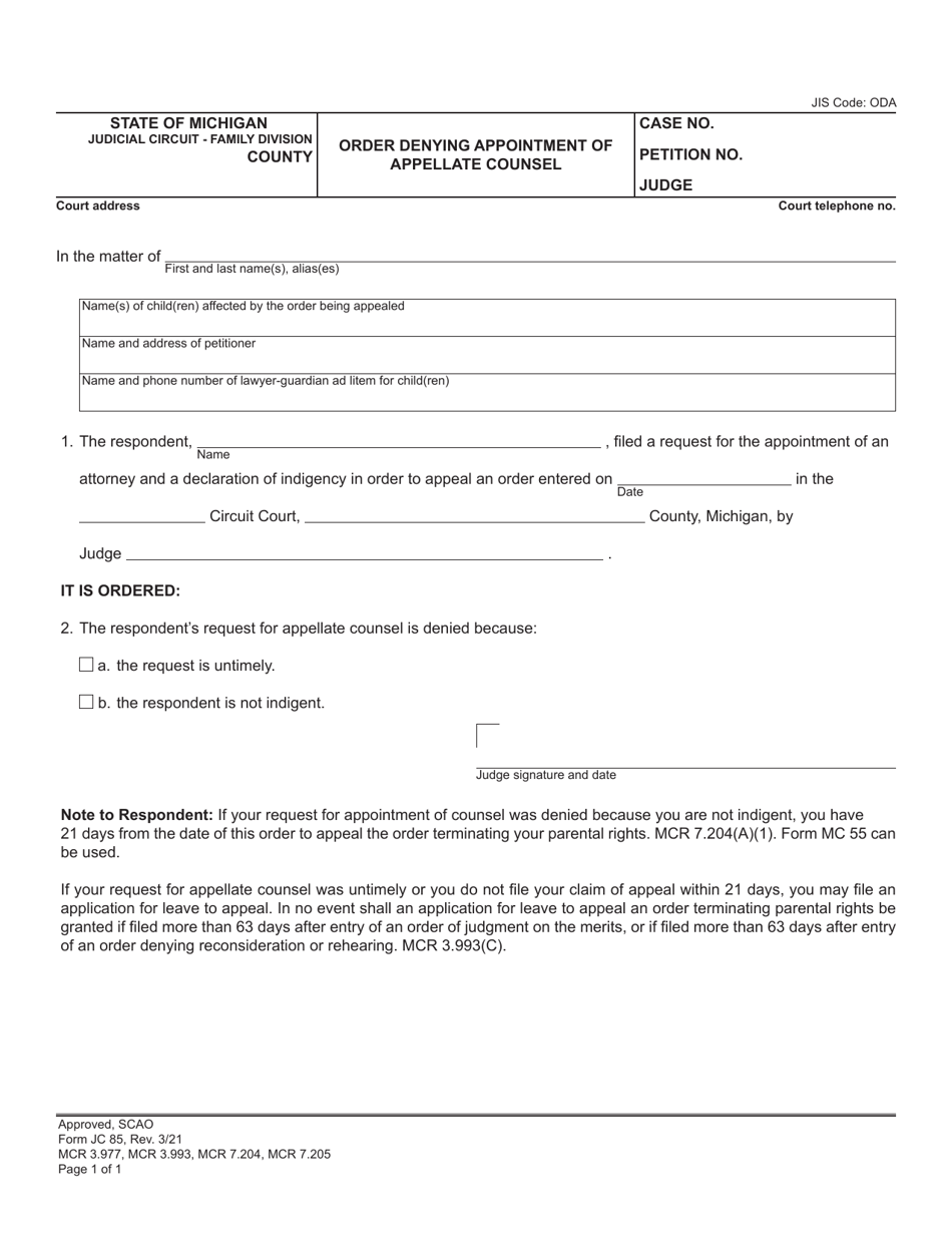 Form JC85 Order Denying Appointment of Appellate Counsel - Michigan, Page 1