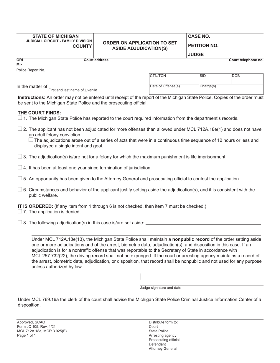 Form JC105 Order on Application to Set Aside Adjudication(S) - Michigan, Page 1