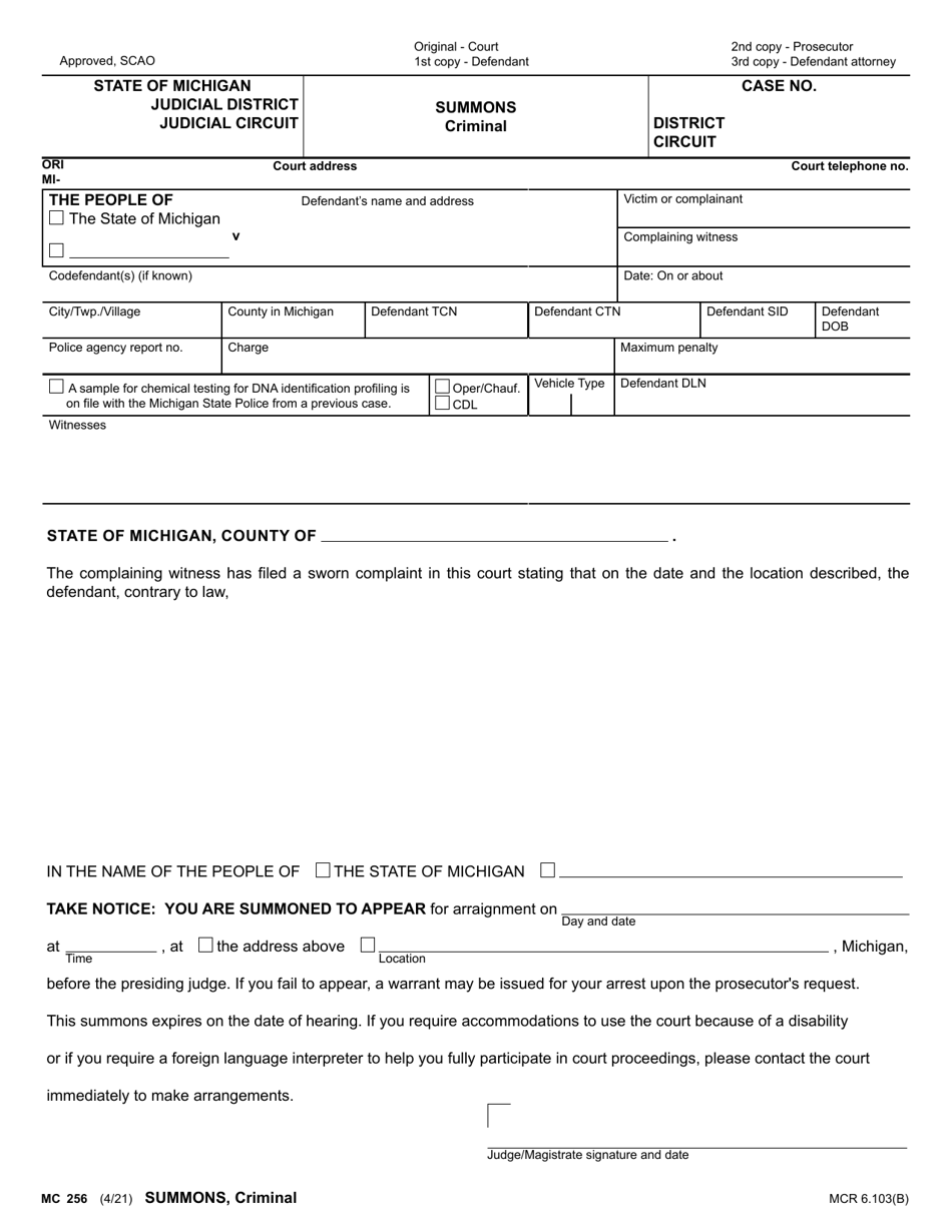 Form MC256 Summons - Criminal - Michigan, Page 1