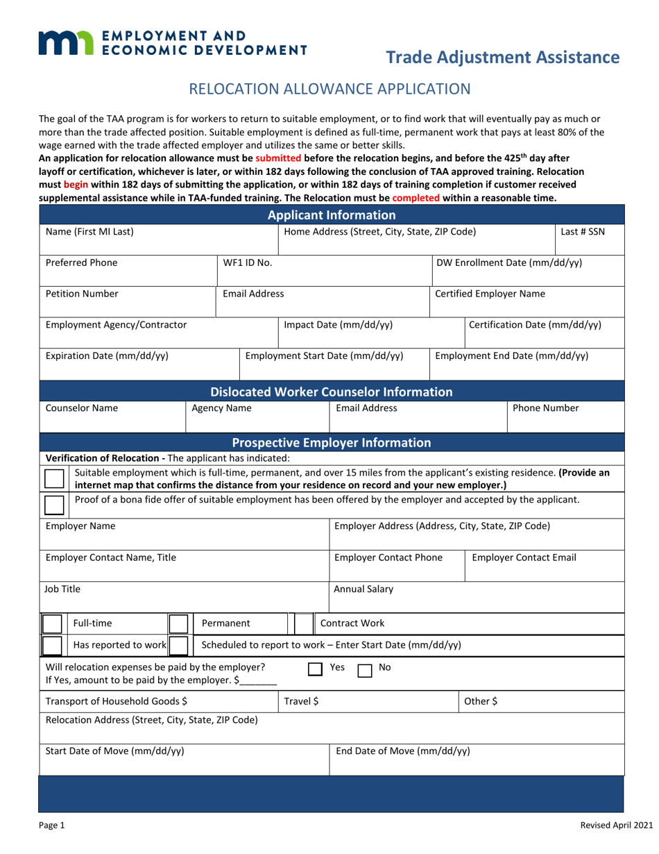 Relocation Allowance Application - Trade Adjustment Assistance - Minnesota, Page 1