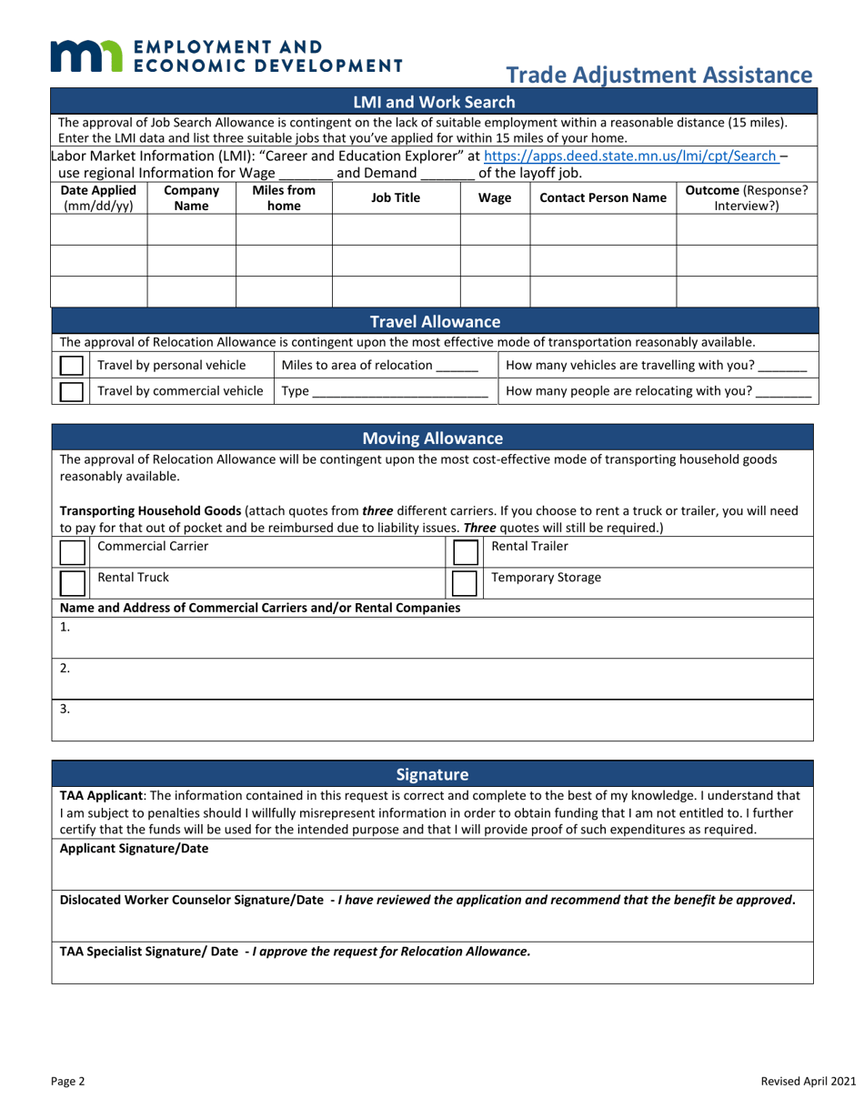Relocation Allowance Application - Trade Adjustment Assistance - Minnesota, Page 2