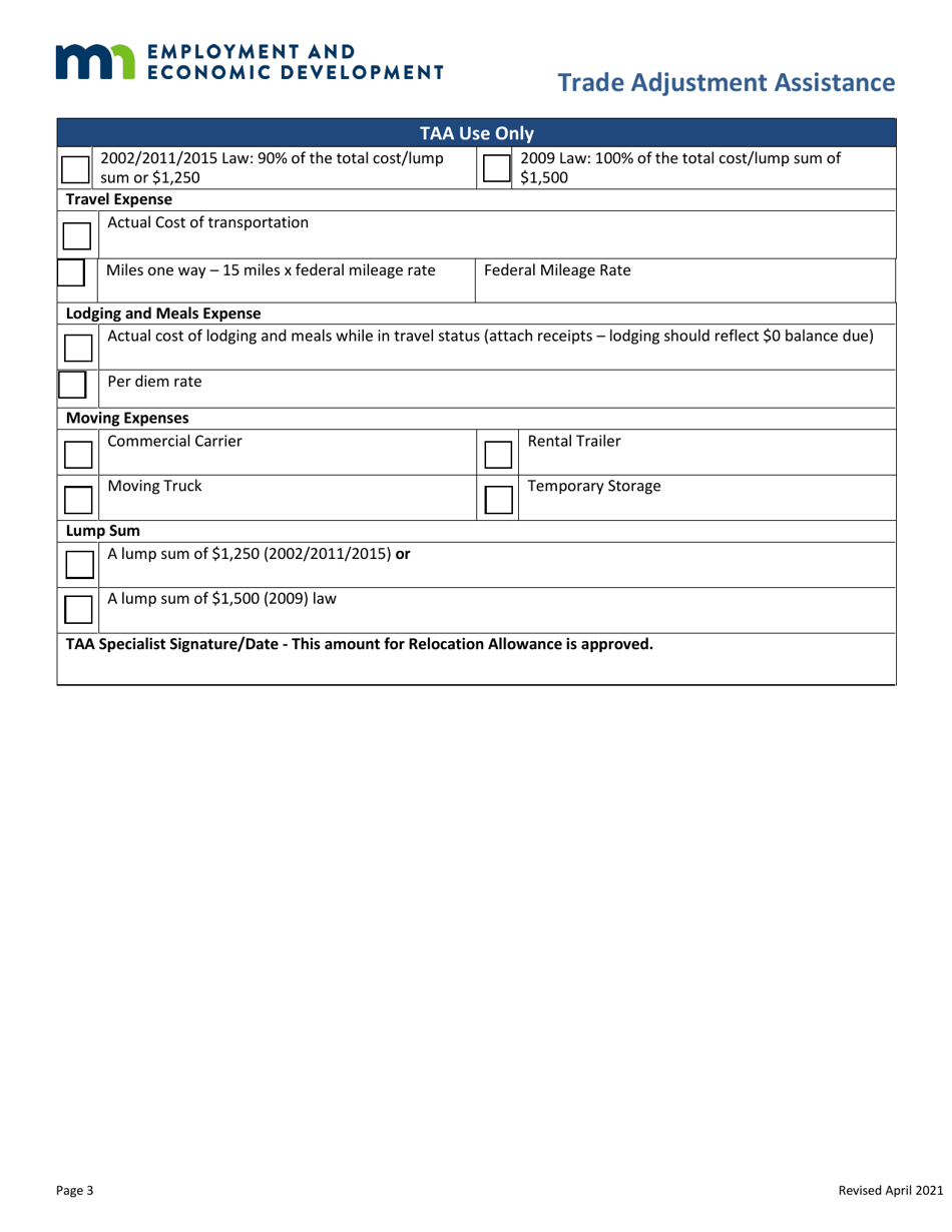 Relocation Allowance Application - Trade Adjustment Assistance - Minnesota, Page 3