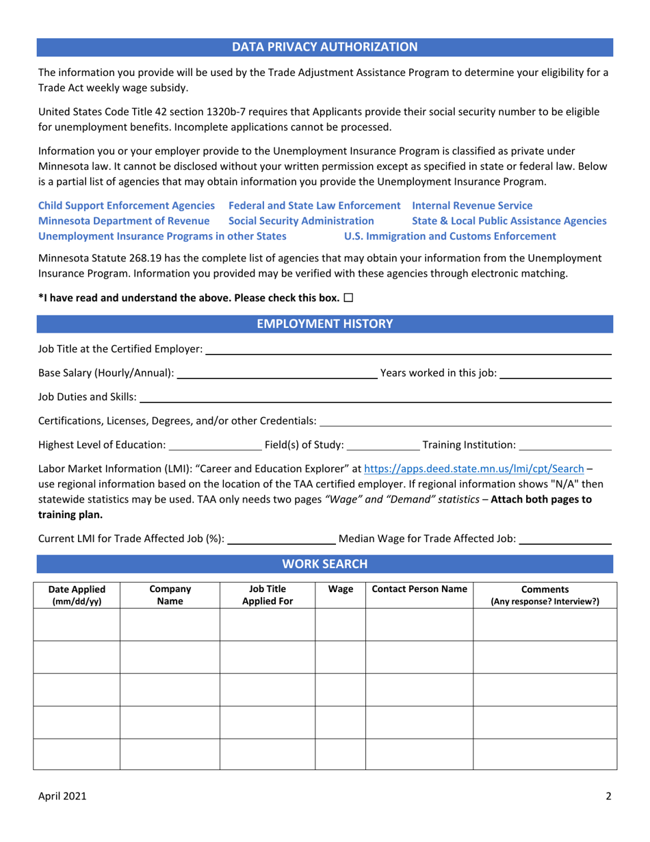 Training Application - Trade Adjustment Assistance - Minnesota, Page 2