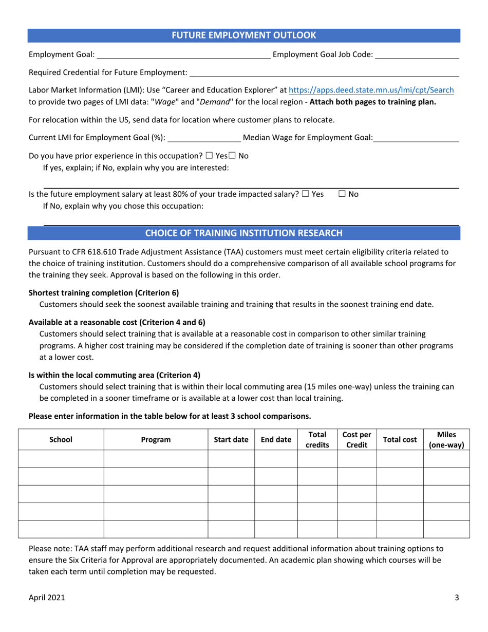 Training Application - Trade Adjustment Assistance - Minnesota, Page 3