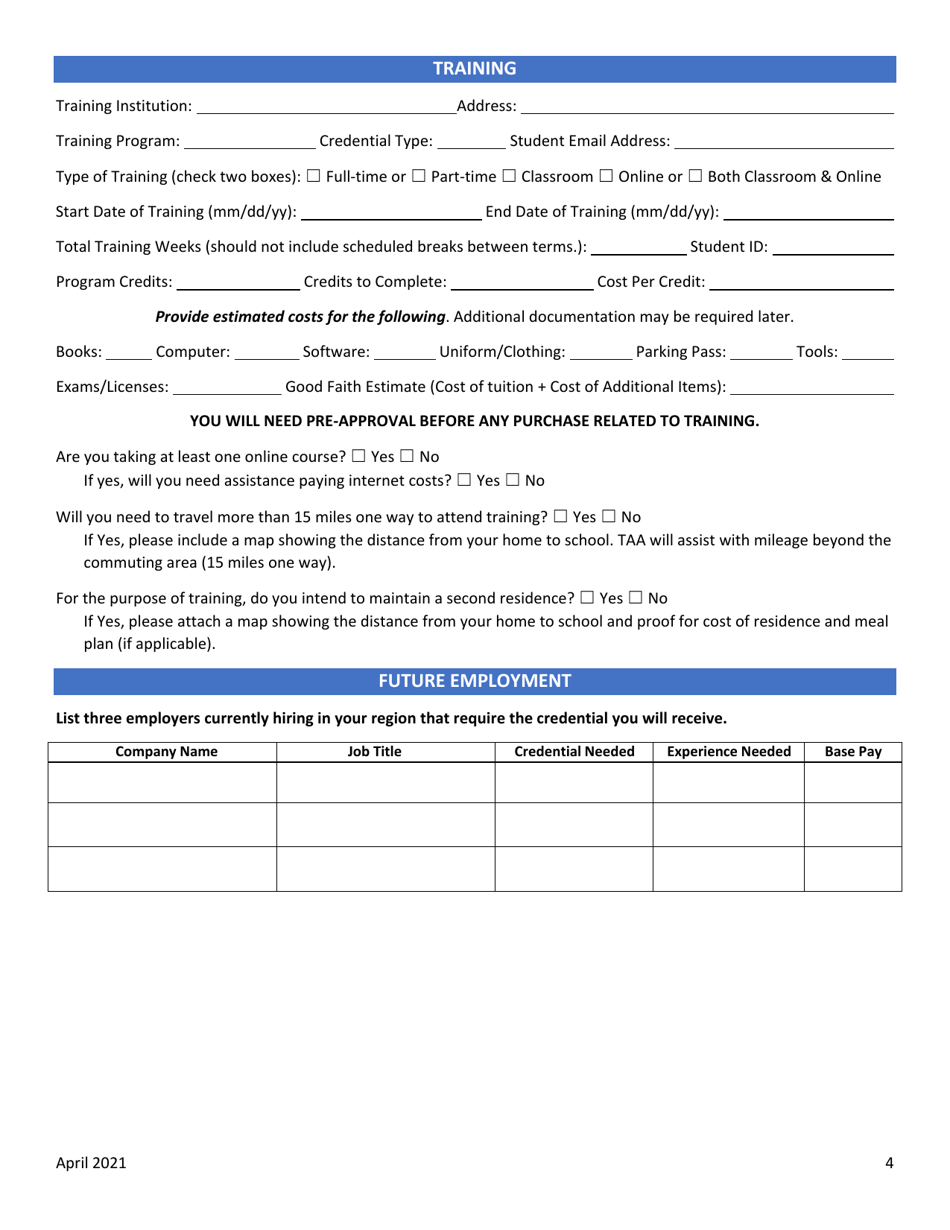 Training Application - Trade Adjustment Assistance - Minnesota, Page 4