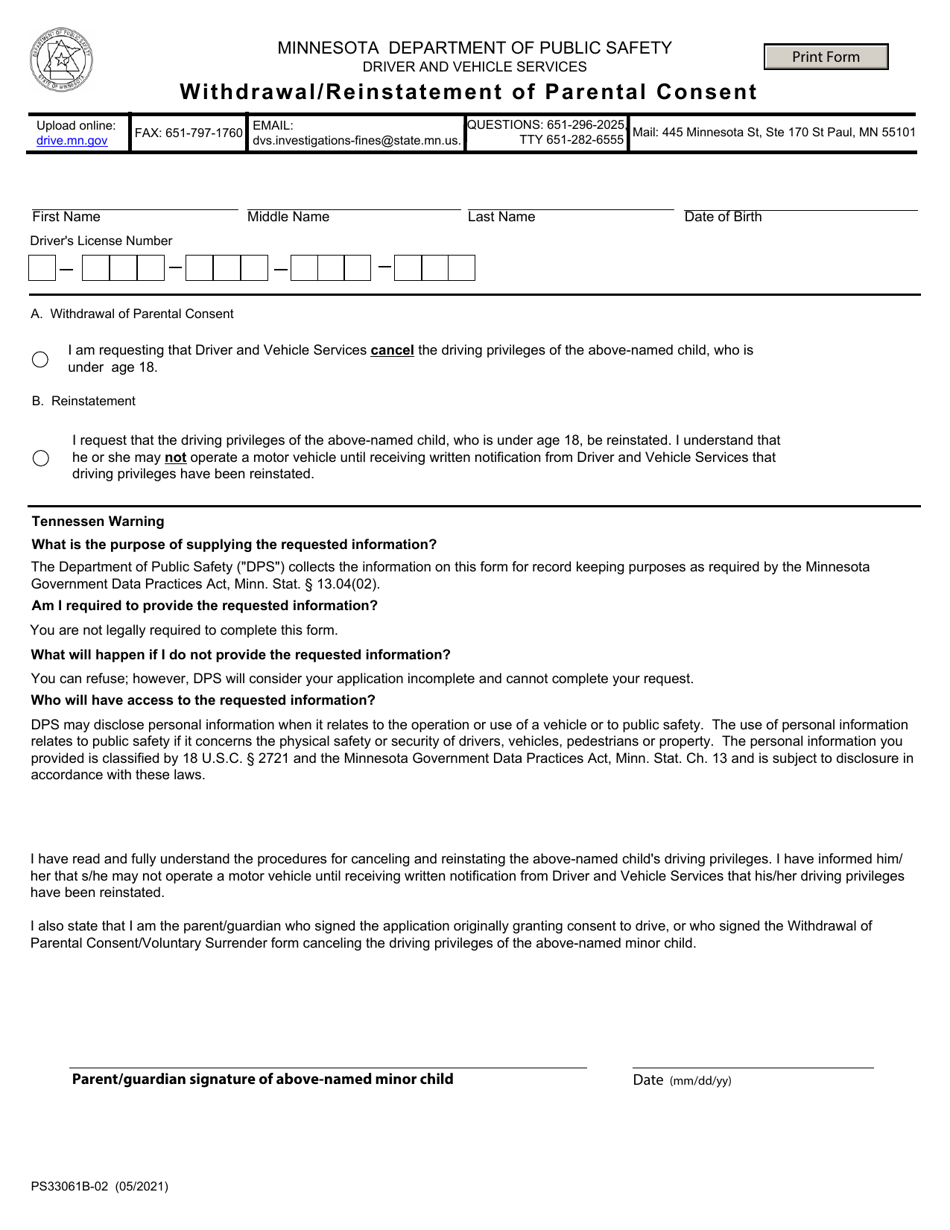 Form PS33061B Withdrawal / Reinstatement of Parental Consent - Minnesota, Page 1