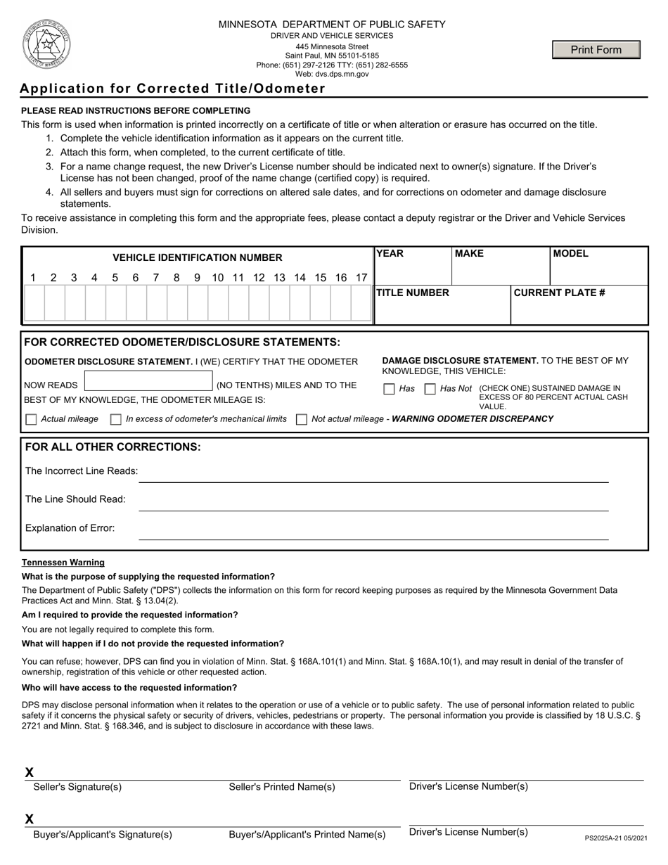 Form PS2025A Application for Corrected Title / Odometer - Minnesota, Page 1