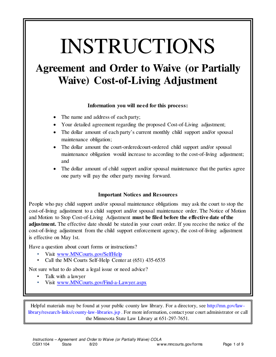 Instructions for Form CSX1105 Agreement and Order to Waive (Or Partially Waive) Cost-Of-Living Adjustment - Minnesota, Page 1