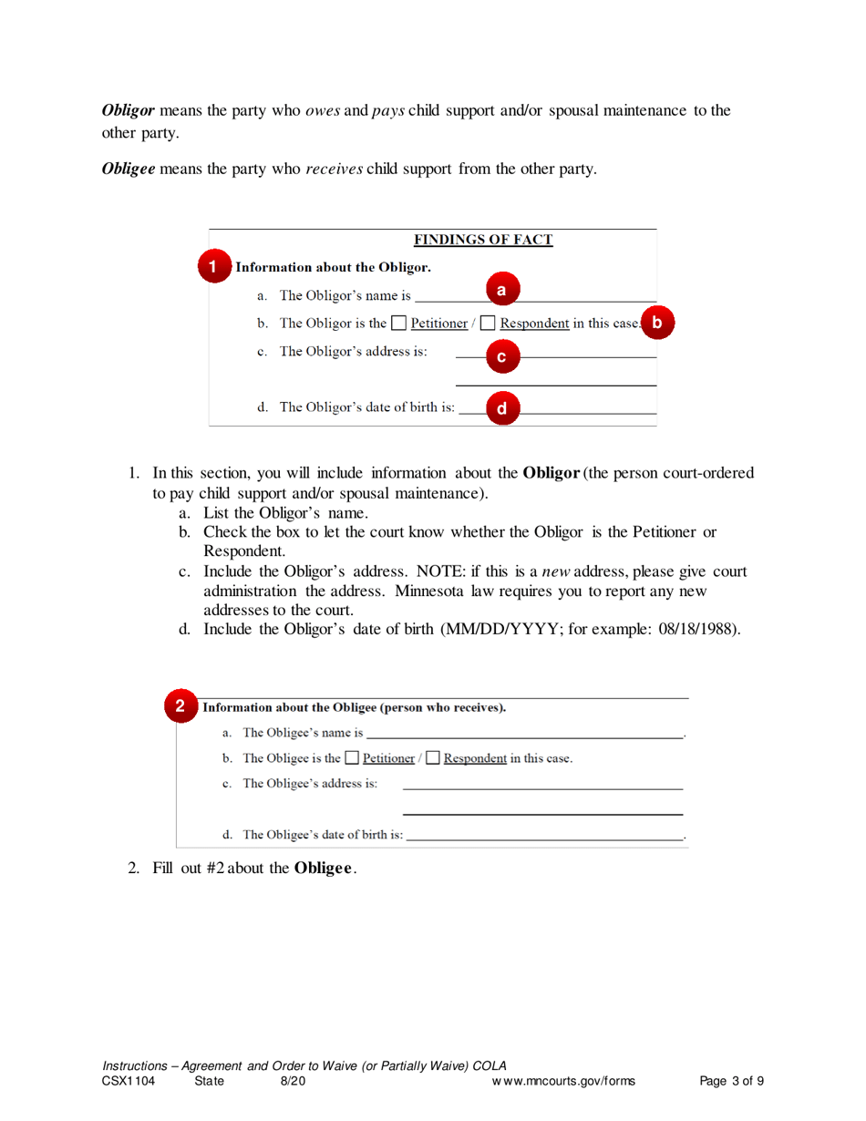 Instructions for Form CSX1105 Agreement and Order to Waive (Or Partially Waive) Cost-Of-Living Adjustment - Minnesota, Page 3