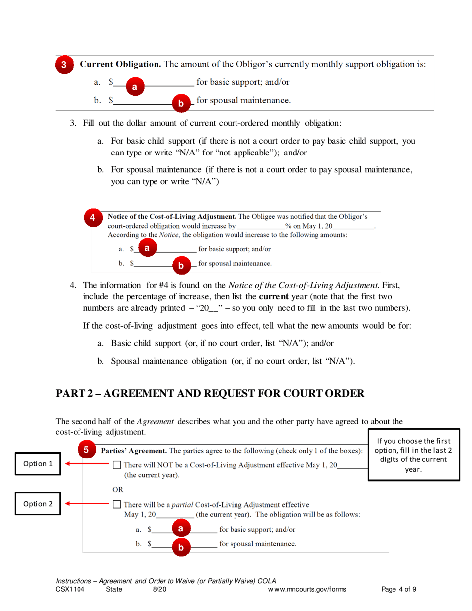 Instructions for Form CSX1105 Agreement and Order to Waive (Or Partially Waive) Cost-Of-Living Adjustment - Minnesota, Page 4