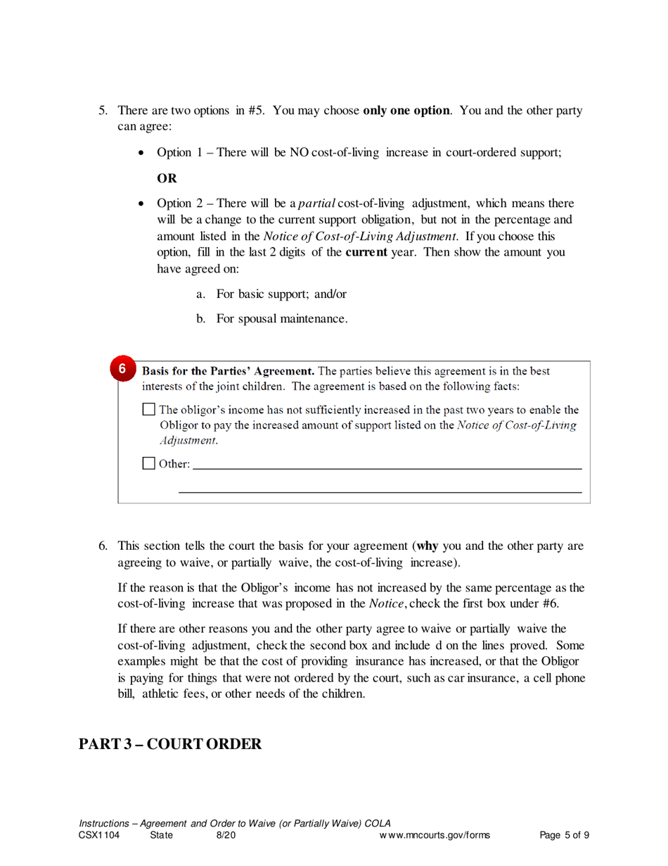Instructions for Form CSX1105 Agreement and Order to Waive (Or Partially Waive) Cost-Of-Living Adjustment - Minnesota, Page 5