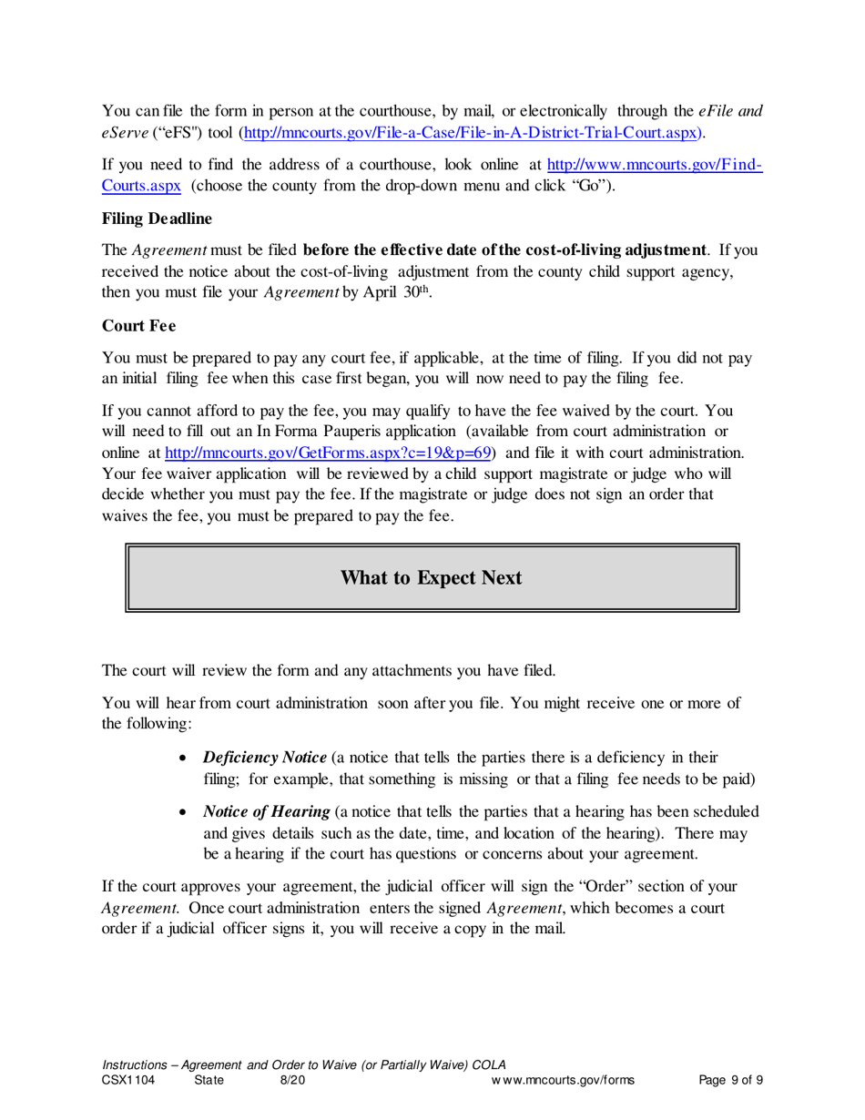 Instructions for Form CSX1105 Agreement and Order to Waive (Or Partially Waive) Cost-Of-Living Adjustment - Minnesota, Page 9
