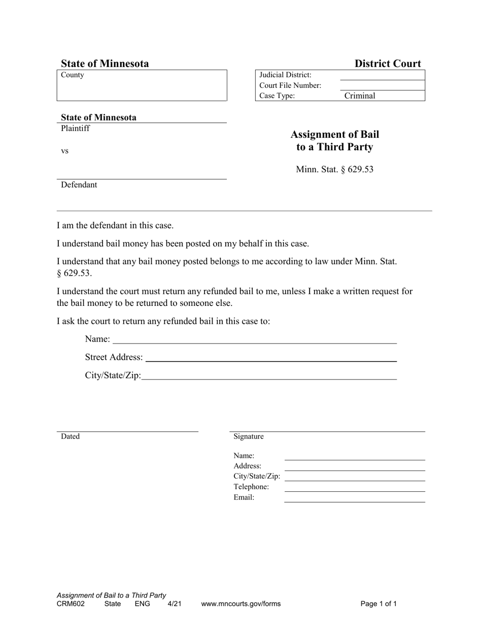 Form CRM602 Assignment of Bail to a Third Party - Minnesota, Page 1