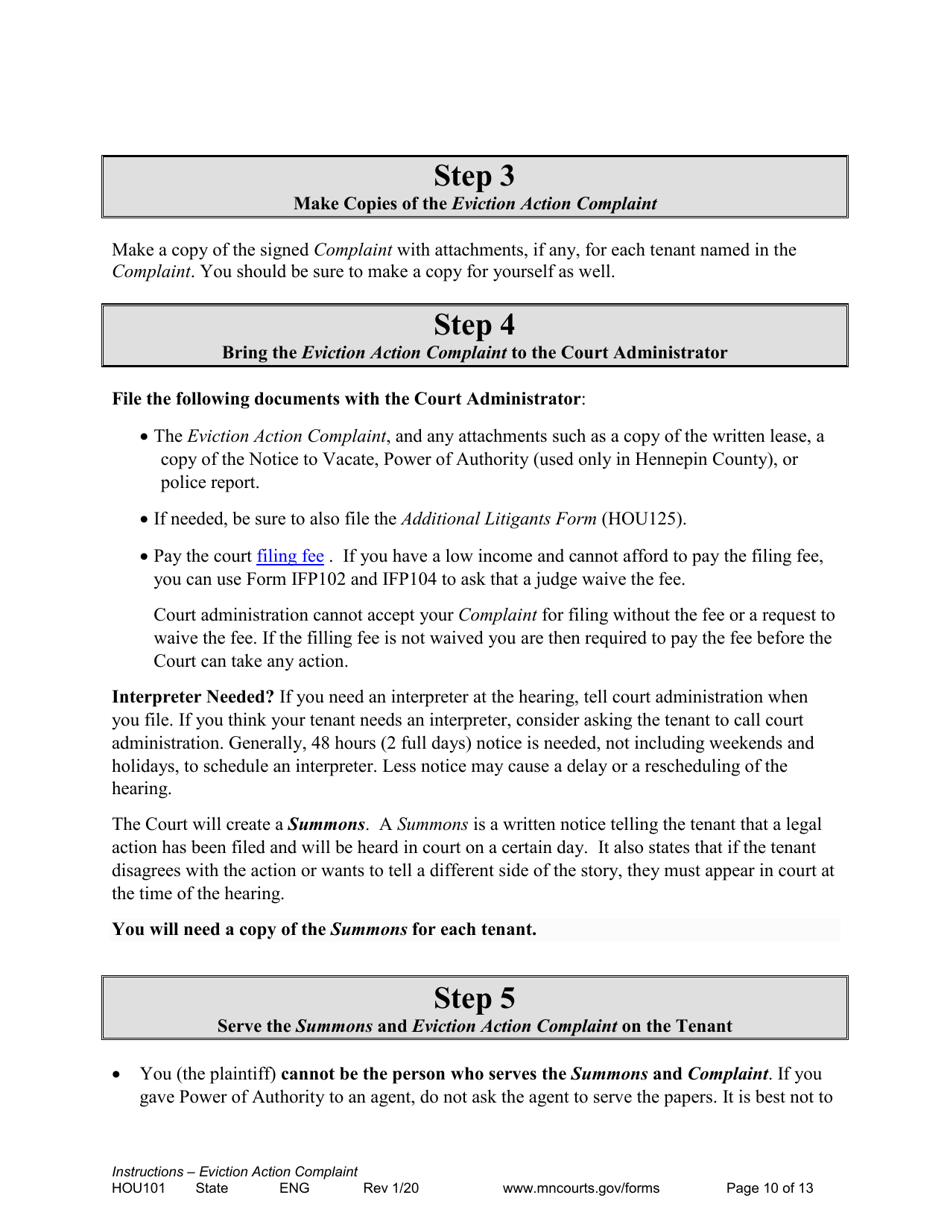 Form HOU101 Instructions - Eviction Action Complaint - Minnesota, Page 10