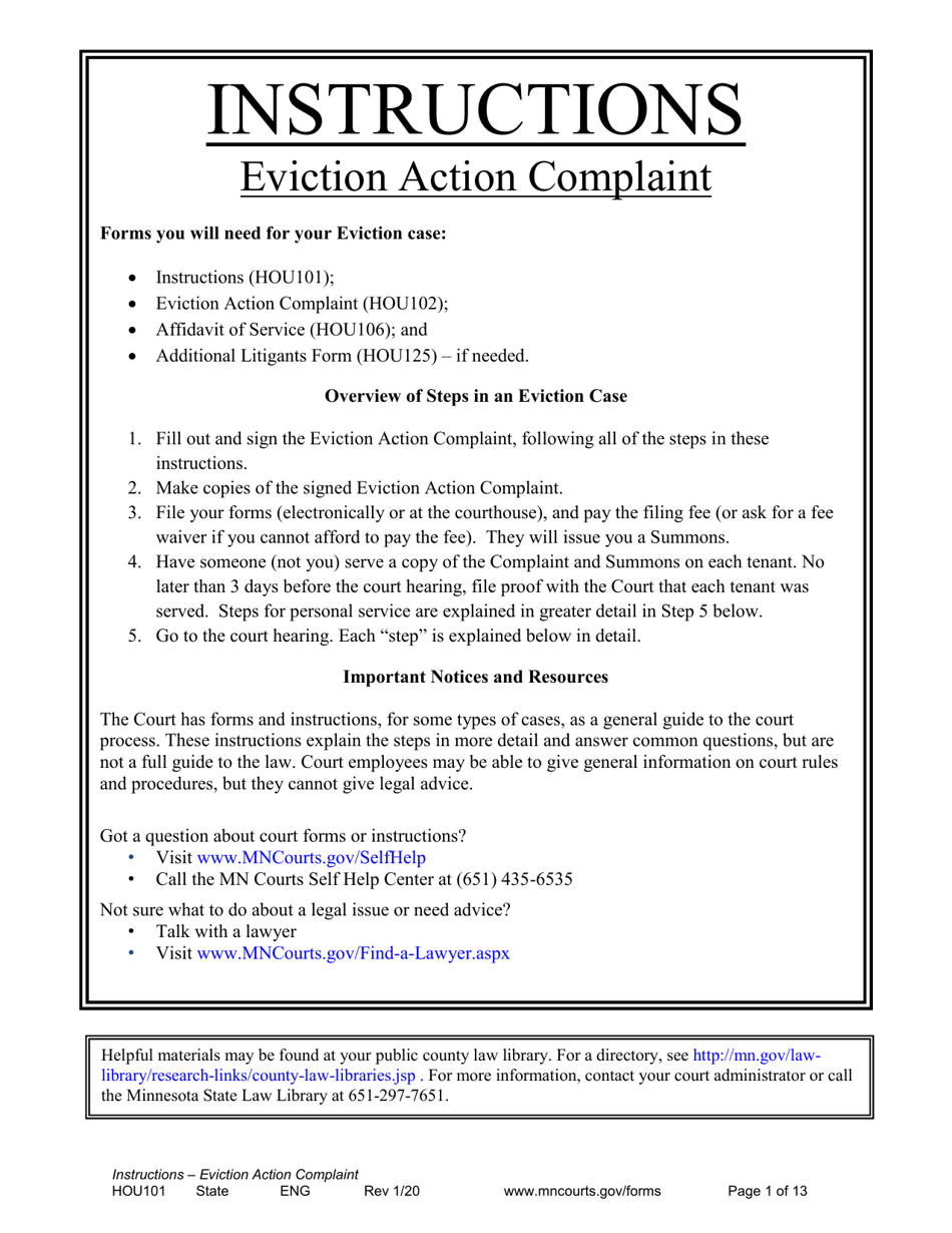 Form HOU101 Instructions - Eviction Action Complaint - Minnesota, Page 1