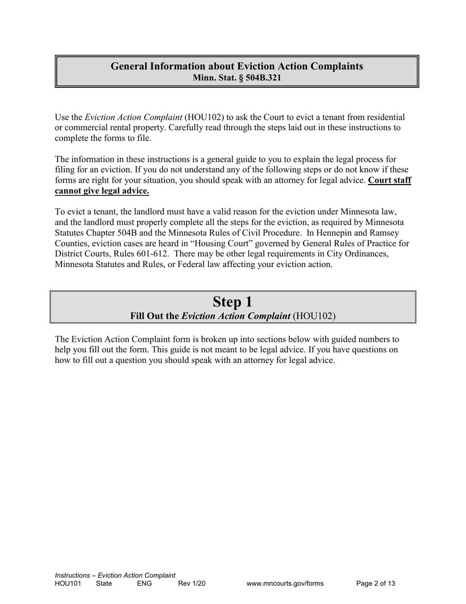 Form HOU101 Instructions - Eviction Action Complaint - Minnesota, Page 2