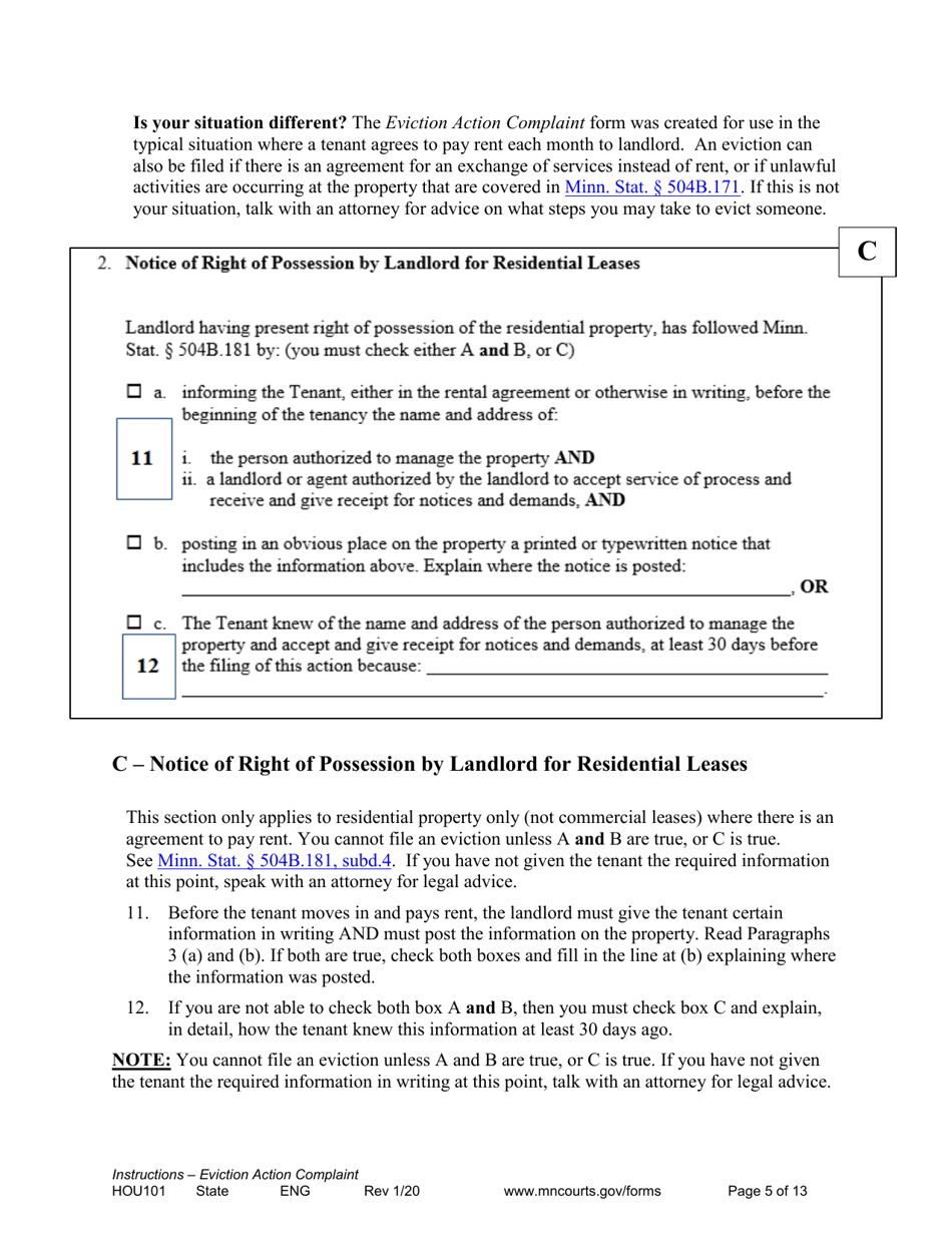 Form HOU101 Instructions - Eviction Action Complaint - Minnesota, Page 5