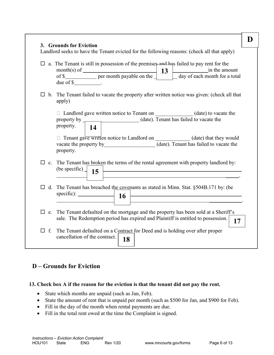 Form HOU101 Instructions - Eviction Action Complaint - Minnesota, Page 6