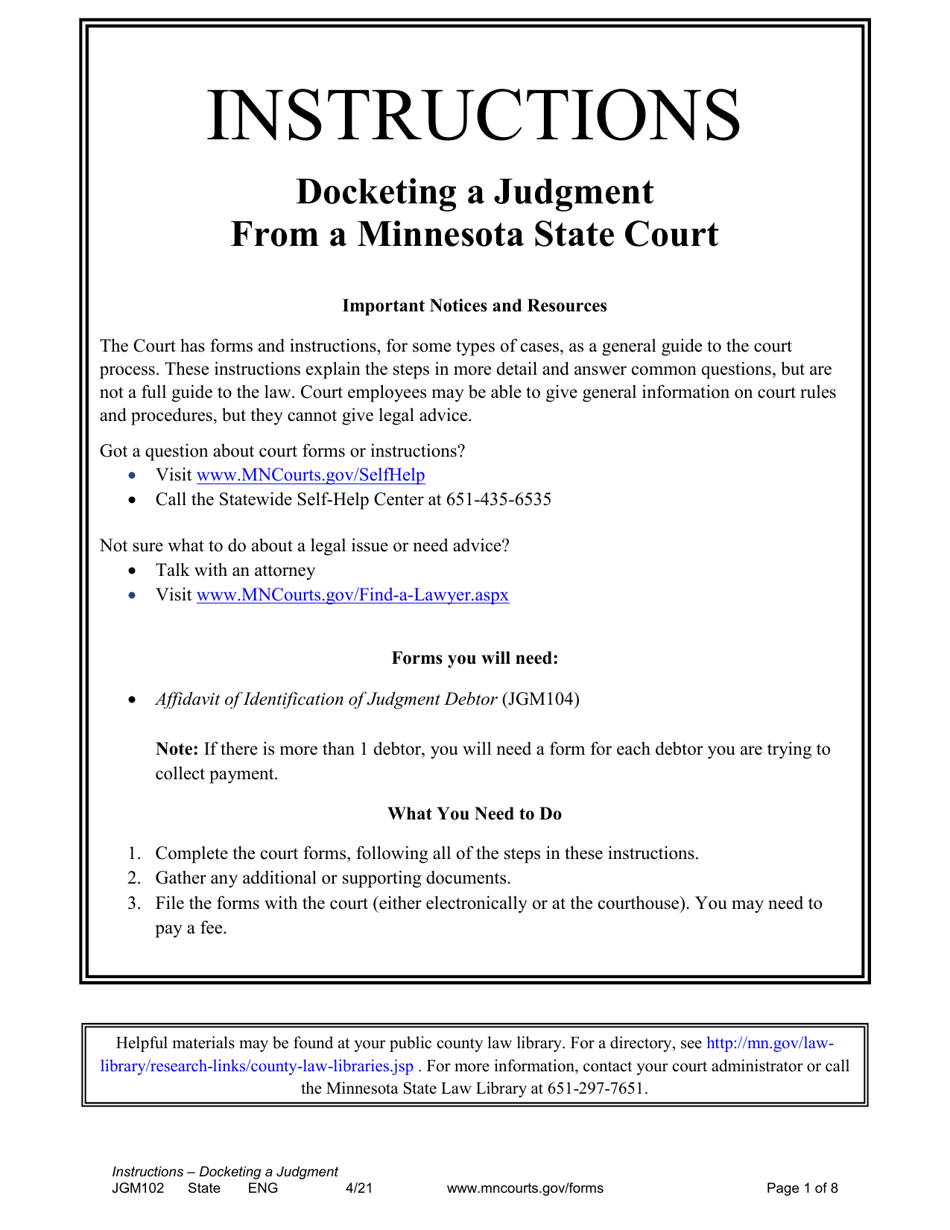 Form JGM102 Instructions - Docketing a Judgment From a Minnesota State Court - Minnesota, Page 1