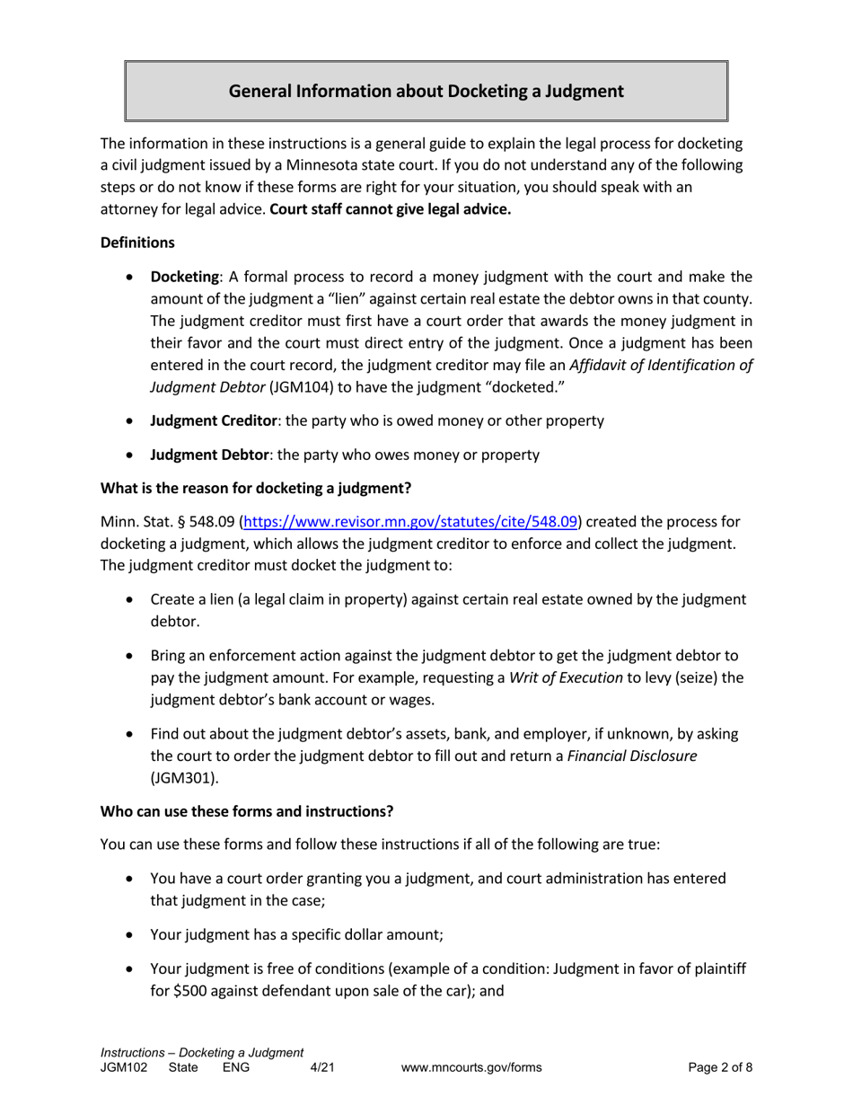 Form JGM102 Instructions - Docketing a Judgment From a Minnesota State Court - Minnesota, Page 2