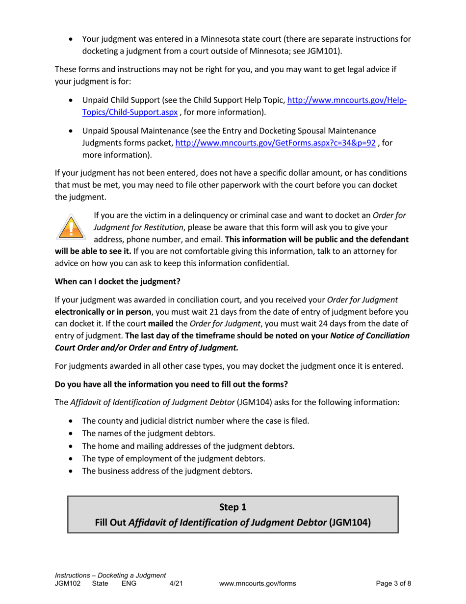 Form JGM102 Instructions - Docketing a Judgment From a Minnesota State Court - Minnesota, Page 3