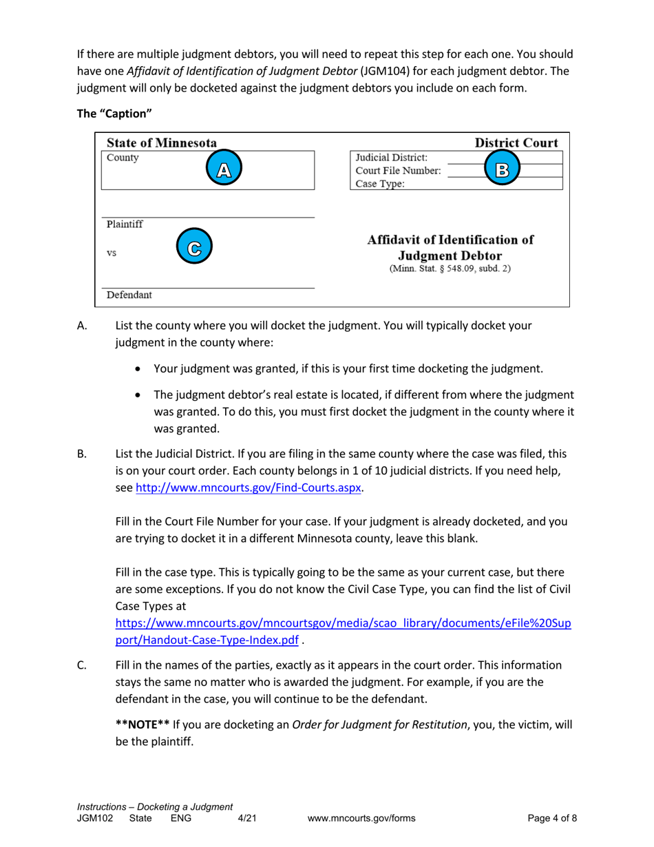 Form JGM102 Instructions - Docketing a Judgment From a Minnesota State Court - Minnesota, Page 4